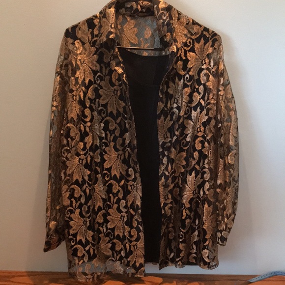 Joan Walters size small black camisole and lace over shirt in gold. Dry clean. - Picture 10 of 13